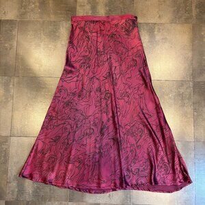 Burgundy silk flared midi skirt by Peach Berserk